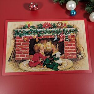 Vtg 80s Postcard Christmas Boy Girl Dog Fireplace Stocking Conimar 16 Count- NEW